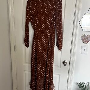 Listicle Wrap Dress Sz M Brown and White Polka Dot High Low Hem with Ruffle